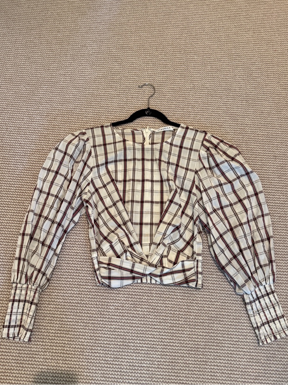 Veronica Beard Cream Plaid Twist-Front Puff Sleeve Top